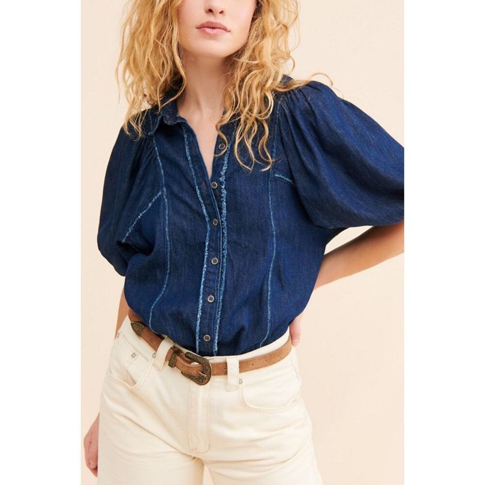 Free People Suhrie Puff Sleeve Denim Button-Up Shirt XS